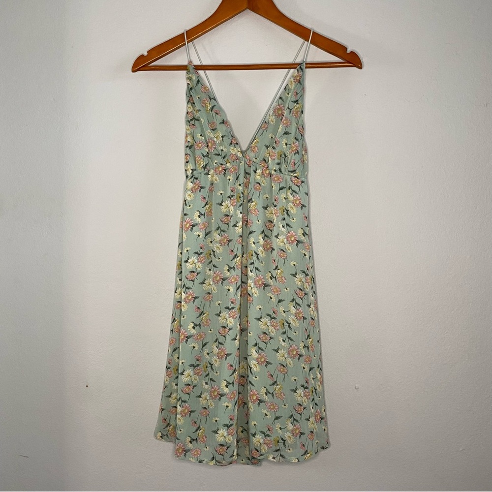 Timing Beautiful Short Green Floral Ditsy Small Spaghetti Strap V Shaped Dress